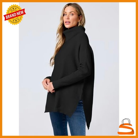 Oversized Turtleneck Batwing Sleeve Split Hem Knit Pullover Sweater - Picture 5 of 8